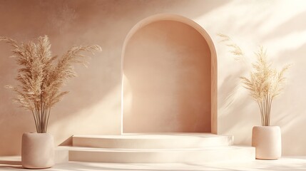 Serene minimalist product display with pampas grass and arched niche in a monochromatic style