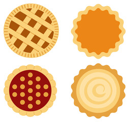 Four illustrated pies with different fillings and crust pastry lattice