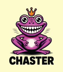 Chaster Brand Pink Frog Mascot with Crown & Toothy Grin Cartoon Design t-shirt design