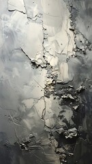 Heavily textured abstract painting with silver, white, and grey tones creating a rugged, dimensional surface