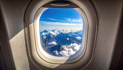 Fototapeta premium Mountains view through a jet plane window high on the blue sky