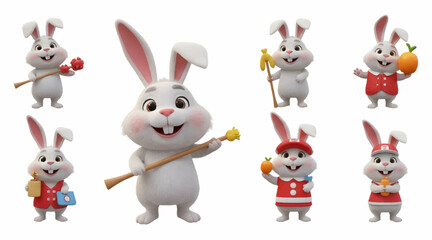 Fototapeta premium Cute 3D Cartoon Rabbit Character Set Carrot Staff Mascot