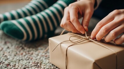 Close-up of hands tying a bow on a brown paper gift box, with a person wearing striped socks in the background, creating a cozy and thoughtful scene.