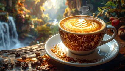 Latte art in a decorative cup, set against a lush waterfall backdrop. Warm tones and inviting scene