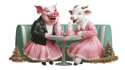Anthropomorphic pig and goat friends laughing over festive milkshakes at a retro Christmas diner