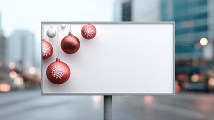 Blank outdoor billboard with festive Christmas ornaments and falling snow in an urban winter setting