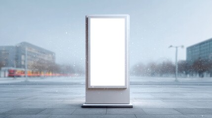 Empty illuminated advertising billboard on a paved city square during a snowy winter day