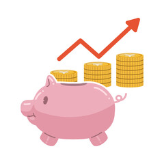 かわいい豚の貯金箱に、エンマークが書かれたコインが増加していくイラスト