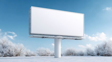 Blank white billboard standing in a serene winter landscape with snow-covered bushes and a clear blue sky