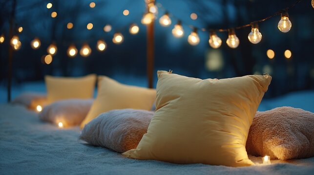 Cozy outdoor winter evening with warm string lights and soft cushions on snow