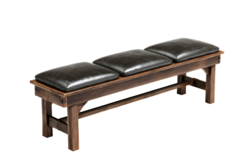 Antique wooden bench with three leather cushions isolated on transparent background
