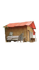 A transparent-backed rural bamboo house with a red plastic or tarpaulin roof, storage sacks, and a simple rural layout. Perfect for village life, traditional housing, agriculture, and rural documentat