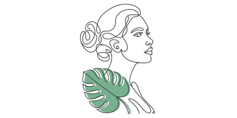 A minimalist continuous line art drawing of a woman's profile with a green leaf Vector, illustration