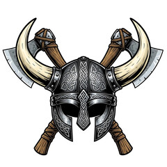 Viking helmet and crossed axes isolated on white background, a warrior symbol