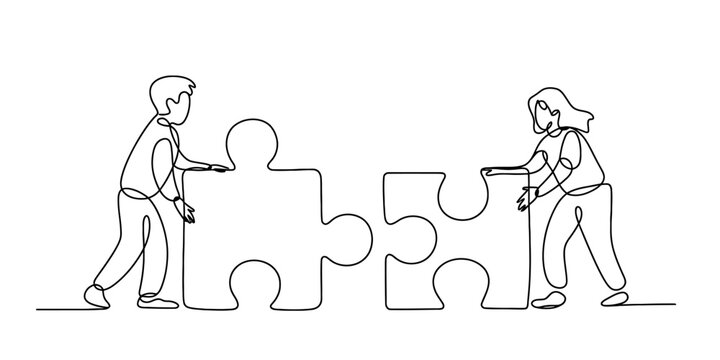 Continuous line art drawing of a man and woman collaborating to put together puzzle pieces Vector, illustration