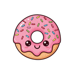 Cute donut with pink icing and colorful sprinkles isolated on white background