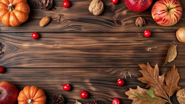 Colorful collection of pumpkins, apples, nuts, and leaves creating a warm autumn atmosphere on a rustic wooden surface