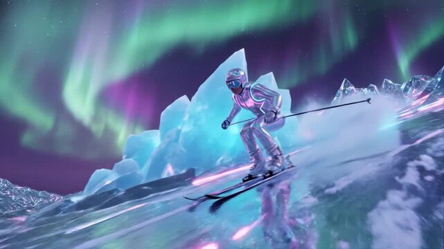 Futuristic chrome skier carving down a crystalline mountain slope. 3D animation of a cyberpunk winter sport scene with neon lights and aurora borealis background
