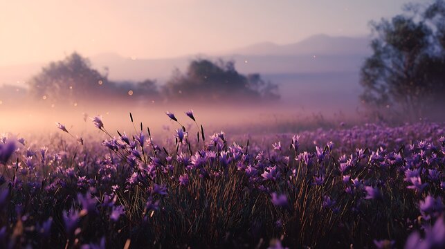 Lavender field at sunrise with misty morning fog and trees in background - Powered by Adobe