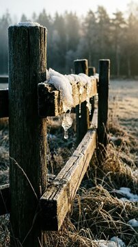 Rustic wooden fence post with melting snow and icicles in a frosty winter field at golden hour, tranquil rural landscape