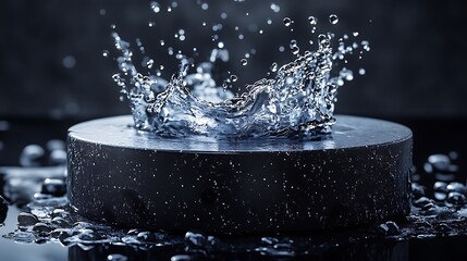 A dynamic high-speed water splash creating a crown-like shape on a black cylinder