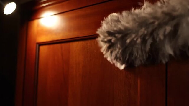 Dusting a wooden door with feather duster, cleaning for housework and hygiene.