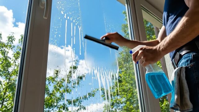 Man washing a large window with a squeegee and spray cleaner. Professional cleaning service doing household chores. Clear view of a sunny day outside