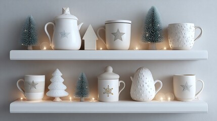 Minimalist winter holiday decor on two white shelves with twinkling lights and muted tones