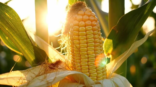 Beautiful abstract close-up shot with sun flare filtering through vibrant green leaves and illuminating the textured golden kernels of a corn cob agriculture, close-up, golden