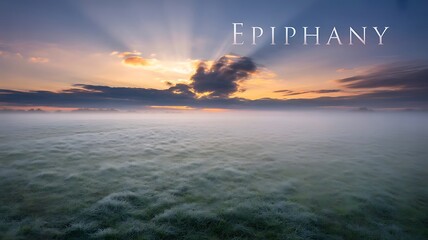 Sunrise over misty meadow with rays of light and clouds in the sky