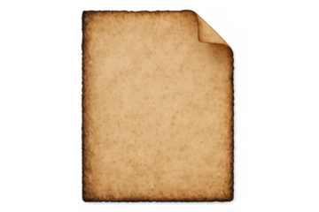 Old paper sheet texture with burnt edges and curved corner, vintage parchment background for antique document