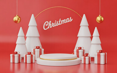 Background podium 3D gift product sale christmas stage winter display new year banner box. Holiday xmas white red stand render scene decoration platform minimal studio happy present
