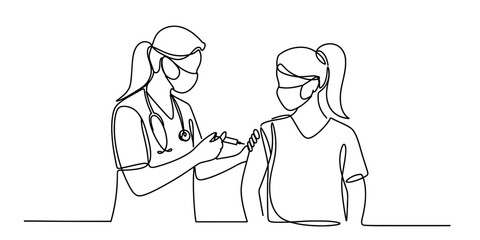 A continuous line art drawing of a medical professional giving a vaccine to a patient Vector, illustration