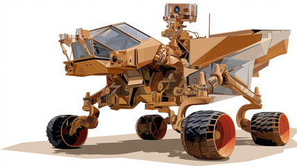 Stylized rover with angular shapes, vector stencil, worn exploration-themed text