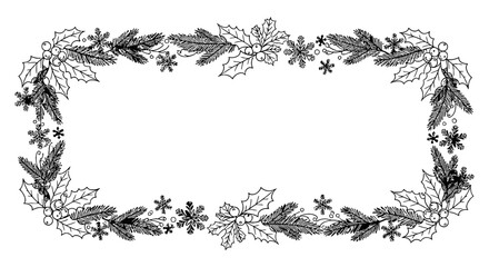 Elegant Winter Holiday Frame with Holly Pine and Snowflakes