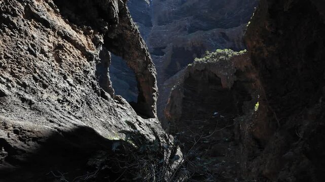 Masca Gorge, huge rock formations during the trekking route in Tenerife, Canary Islands, Spain.