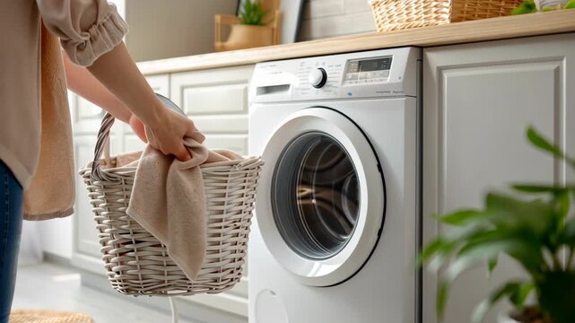 Sorting laundry with a hand basket filled with towels in a well-organized space accentuates home cleanliness and efficiency
