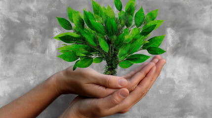 Tree growing from hands, symbolizing harmony, stencil style, distressed eco-themed writing