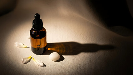 "luxury essential oil bottle mockup, amber glass with dropper, placed on a soft cloth background with minimal lighting to create a serene, calming effect--v 6.1 --ar 16:9 --q 2"