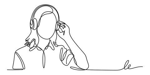 Single continuous line drawing of a person listening to music on headphones Vector, illustration