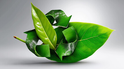 Leaf merging with a recycling symbol, stencil vector, faded eco-slogans behind