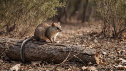 A small, tan mammal sits on a log, looking alert in a dry, wooded environment