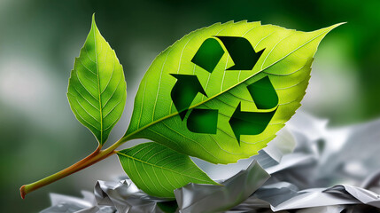 Leaf merging with a recycling symbol, stencil vector, faded eco-slogans behind