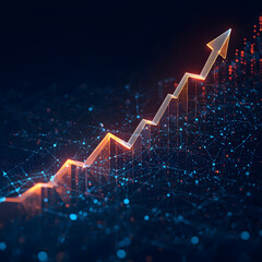business graph on the blue background with golden arrow rising indicator