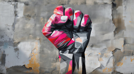 Raised symbolic fist made of geometric polygons, stencil art, bold contrasts, half-erased empowerment messages behind