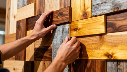 Closeup medium shot of hands fitting mixed wood pieces with varied grains and tones creating a dynamic and eclectic reclaimed wood feature wall.