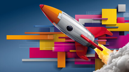 Stylized rocket launching, vector stencil, bright color blocks, distressed scientific terminology behind