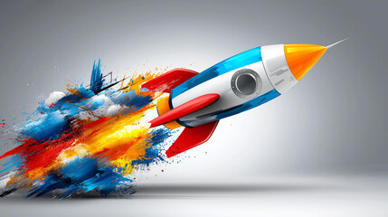 Stylized rocket launching, vector stencil, bright color blocks, distressed scientific terminology behind