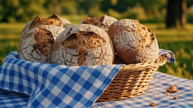 Rustic Bread Basket: A delightful basket of freshly baked artisanal bread, with a rustic look, arranged on a checkered tablecloth, evoking a sense of warmth and comfort.