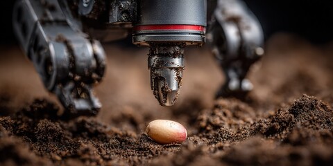 Robot arm planting a seed in soil during a robotics demonstration at a technology conference in the evening hours
